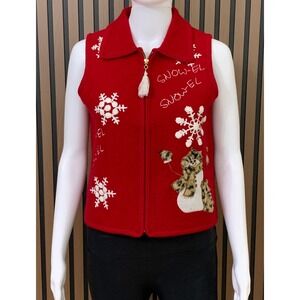 Lisa International Petite Red Boiled Wool Snowman Snowflake Zip Vest Small PS